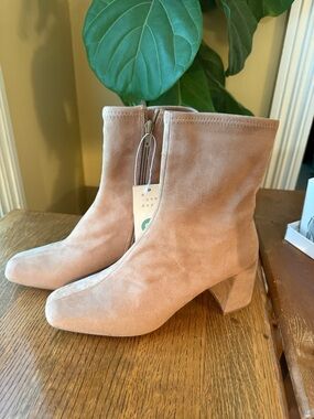 a new day tan faux Suede Square Toe Block Heel Ankle Boots